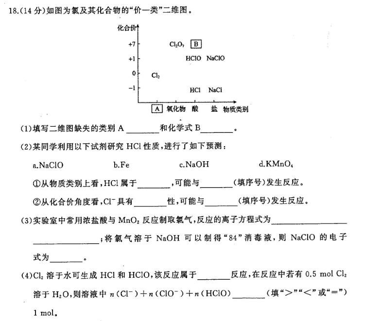 (14分)如图为氯及其化合物的"价一类"二维图.