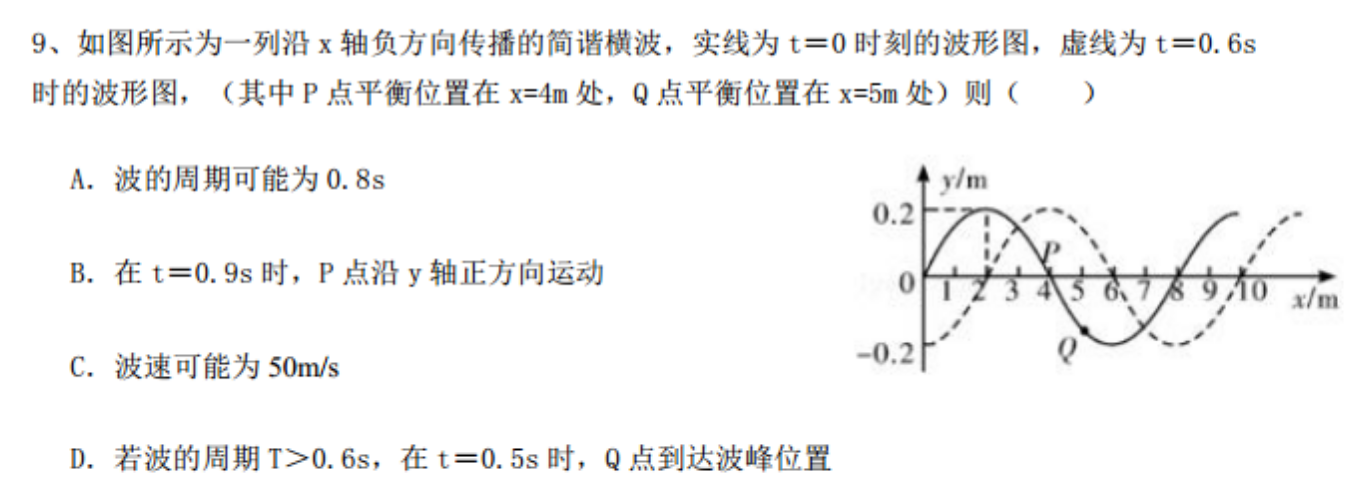 9,如图所示为一列沿x轴负方向传播的简谐横波,实线为t=0时刻的波形图