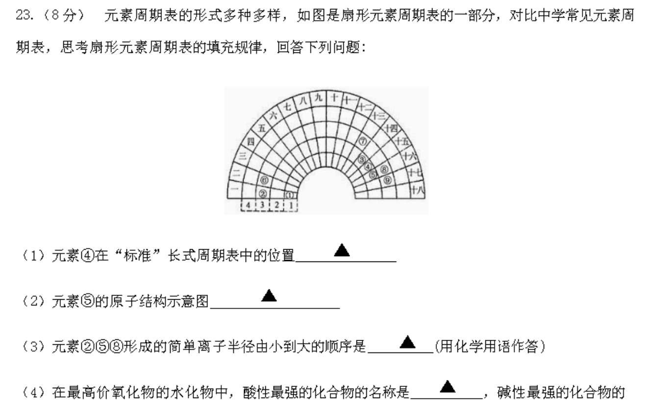 (8分)元素周期表的形式多种多样,如图是扇形元素周期表的一部分对比
