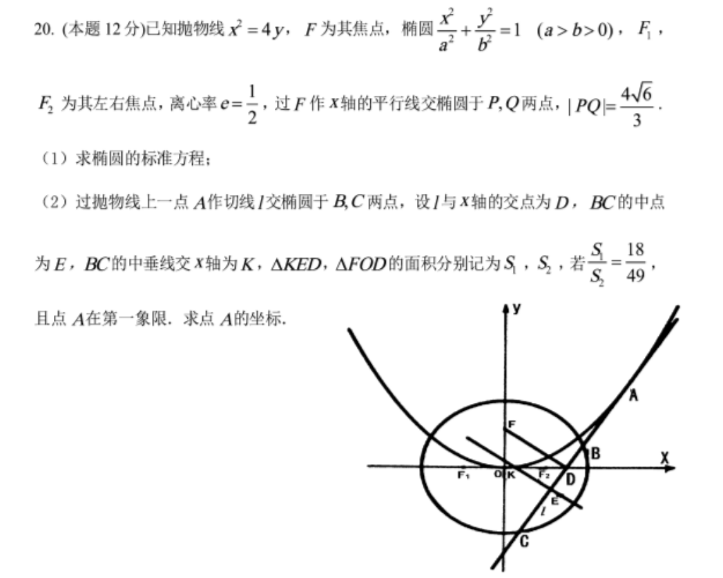 (本题12分)已知抛物线x2=4y,f为其焦点,椭圆=1(a>b>0),f,4√6f2为其